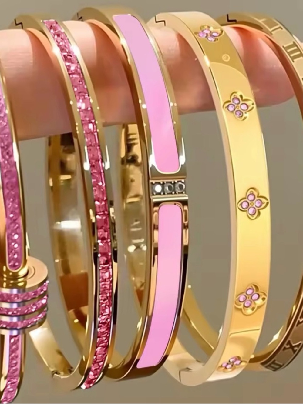 3pcs Gold Pink Bangle Bracelet - stainless steel Designer Style waterproof